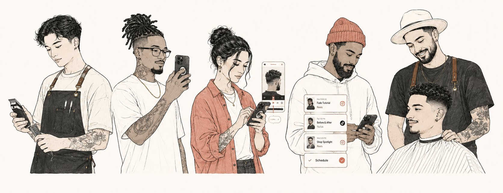 Five barbers filming and reviewing clips on their phones — one schedules a Fade Tutorial, a Before & After, and a Shop Spotlight in Lineup while finishing a fade.