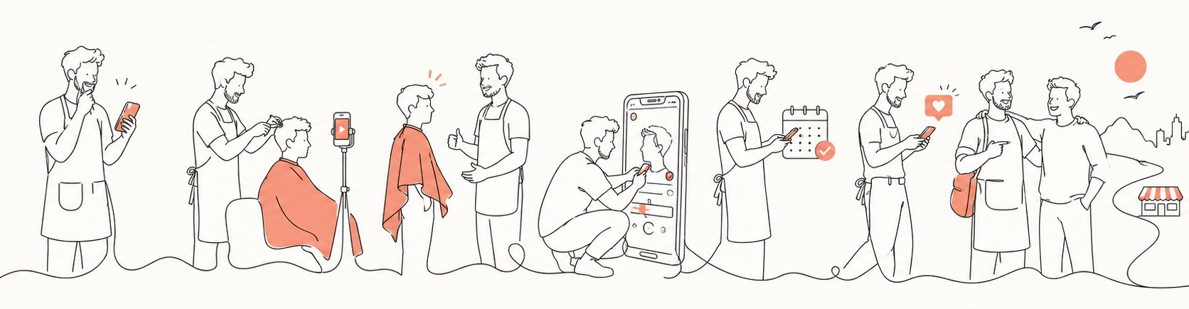A continuous line drawing of a barber’s week: filming a cut on a tripod, marking up the clip in Lineup, queueing it on a calendar, and greeting new clients as the line walks off toward the shop.
