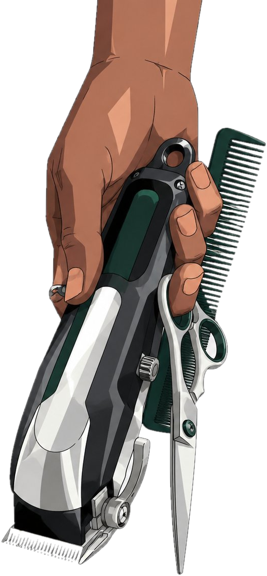 A barber’s hand gripping clippers, shears and a racing-green comb in one fist.